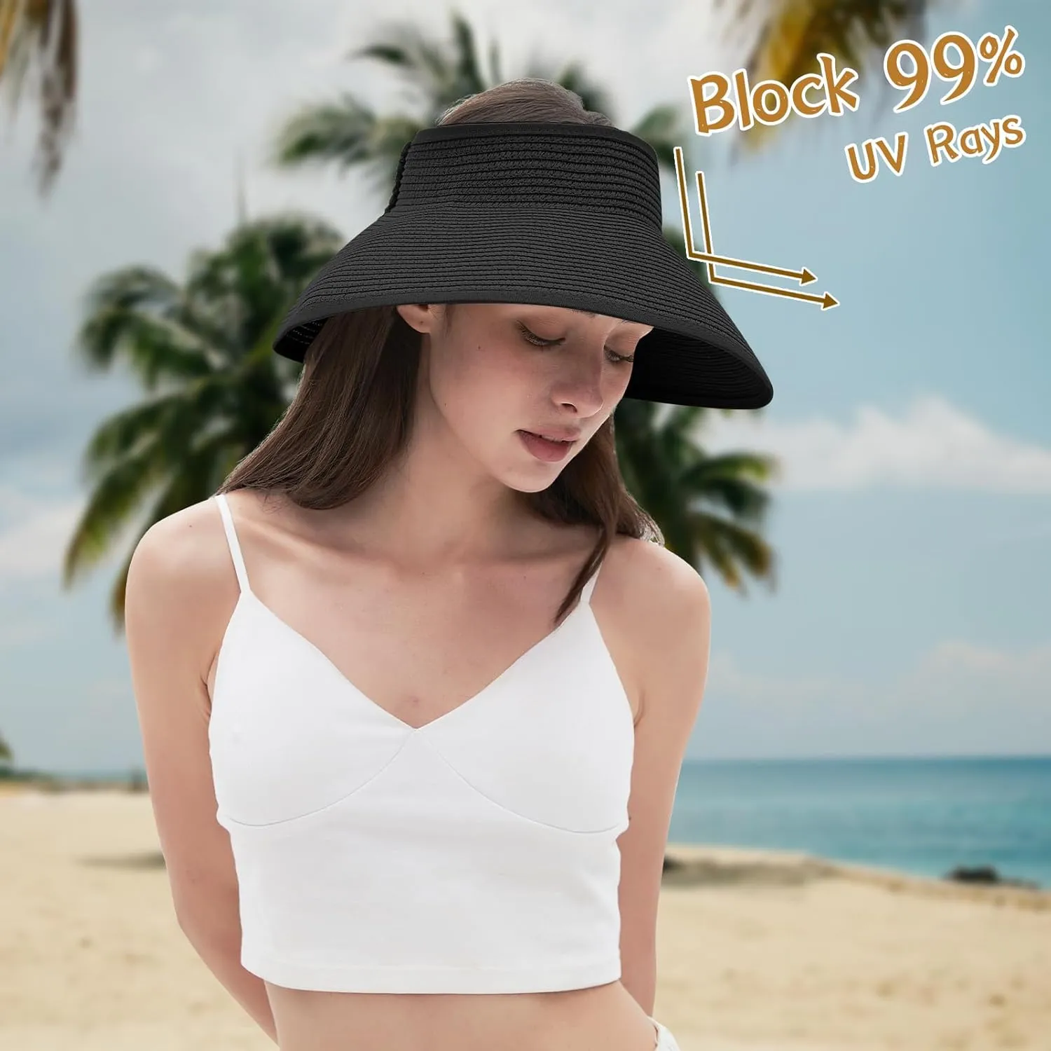 Women's Sun Visor Hats Wide Brim Straw Beach Hat Ponytail Hats for Women Foldable Floppy