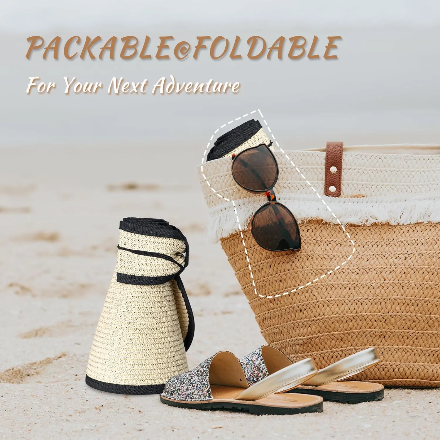Women's Sun Visor Hats Wide Brim Straw Beach Hat Ponytail Hats for Women Foldable Floppy