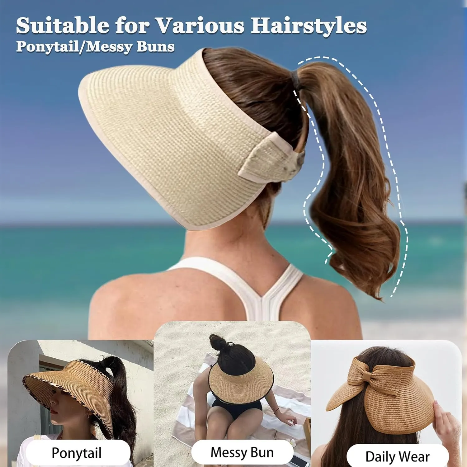 Women's Sun Visor Hats Wide Brim Straw Beach Hat Ponytail Hats for Women Foldable Floppy