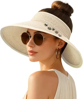 Women's Sun Visor Hats Wide Brim Straw Beach Hat Ponytail Hats for Women Foldable Floppy