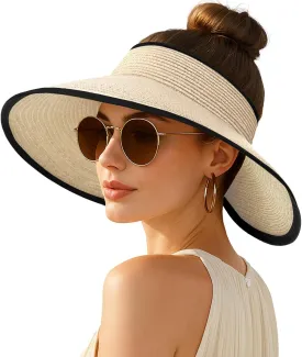 Women's Sun Visor Hats Wide Brim Straw Beach Hat Ponytail Hats for Women Foldable Floppy