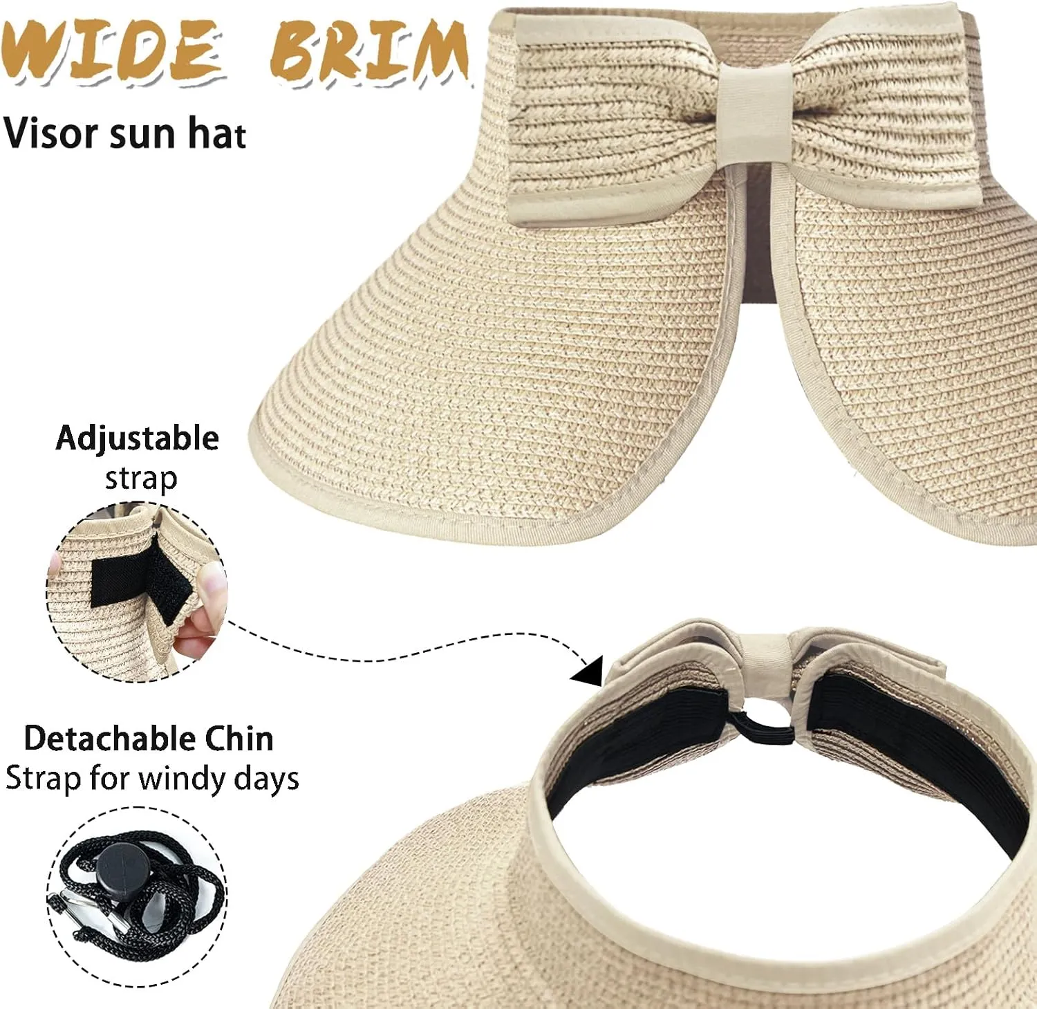 Women's Sun Visor Hats Wide Brim Straw Beach Hat Ponytail Hats for Women Foldable Floppy
