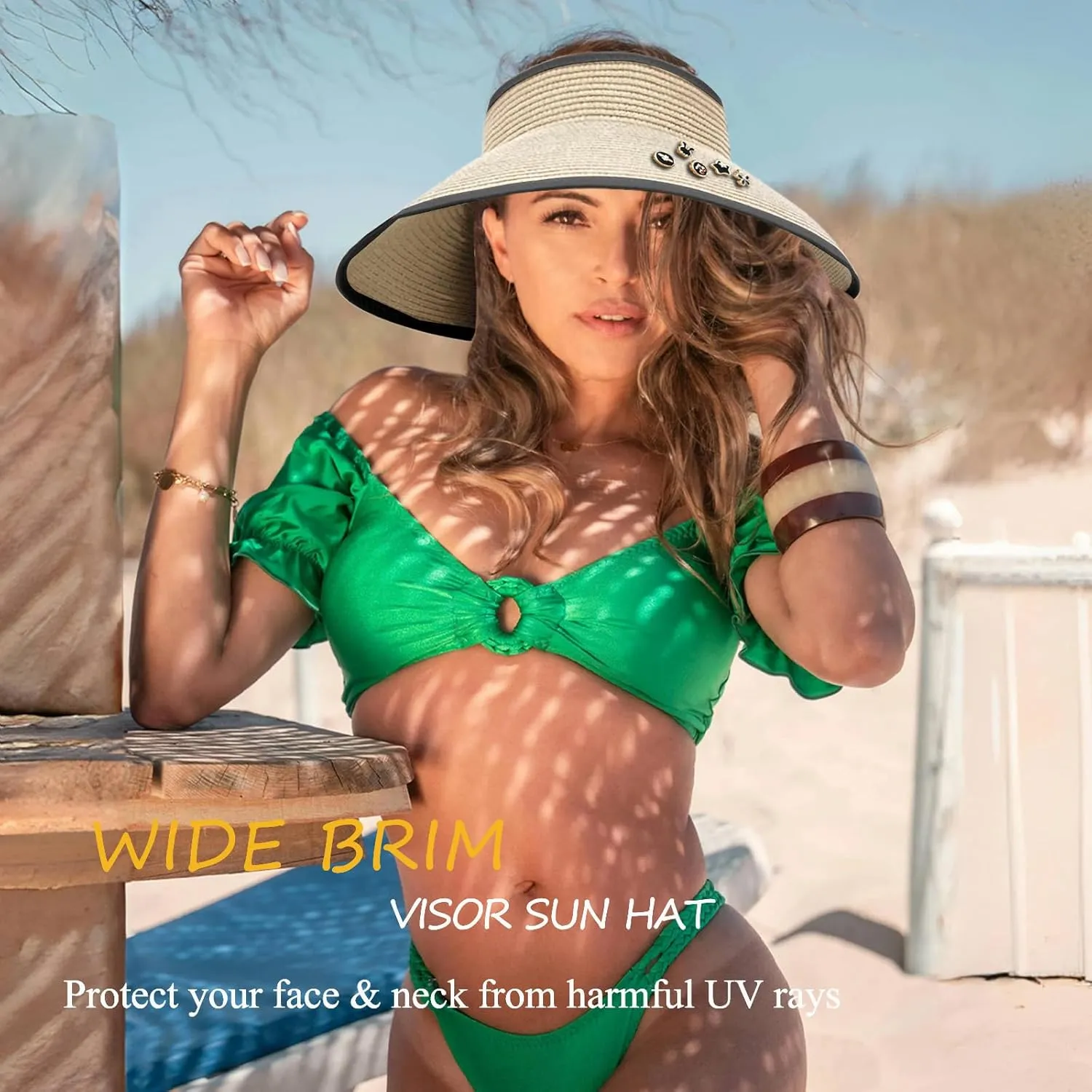 Women's Sun Visor Hats Wide Brim Straw Beach Hat Ponytail Hats for Women Foldable Floppy