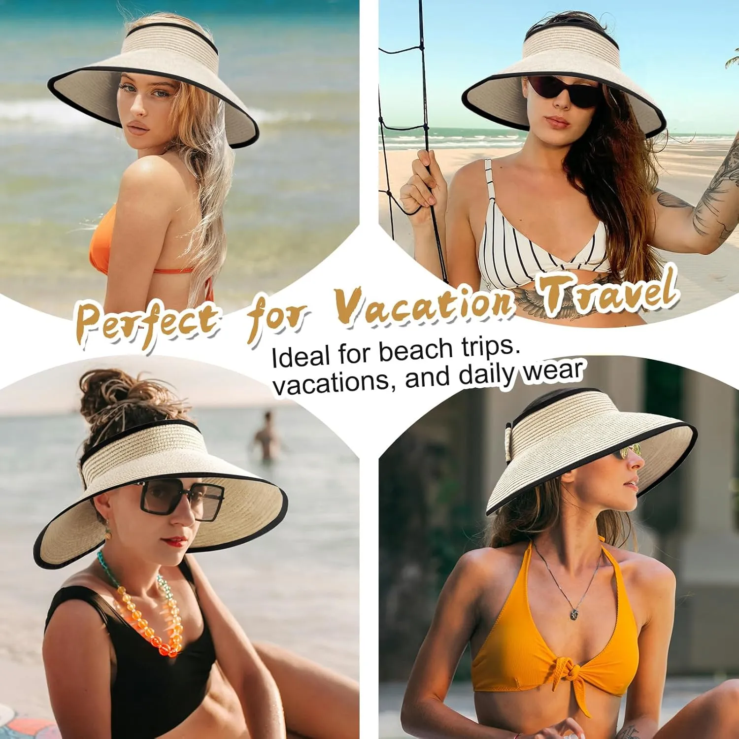 Women's Sun Visor Hats Wide Brim Straw Beach Hat Ponytail Hats for Women Foldable Floppy
