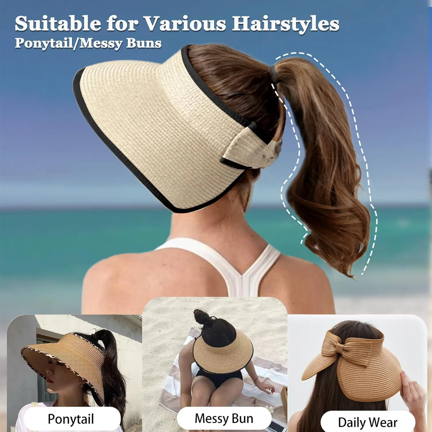Women's Sun Visor Hats Wide Brim Straw Beach Hat Ponytail Hats for Women Foldable Floppy