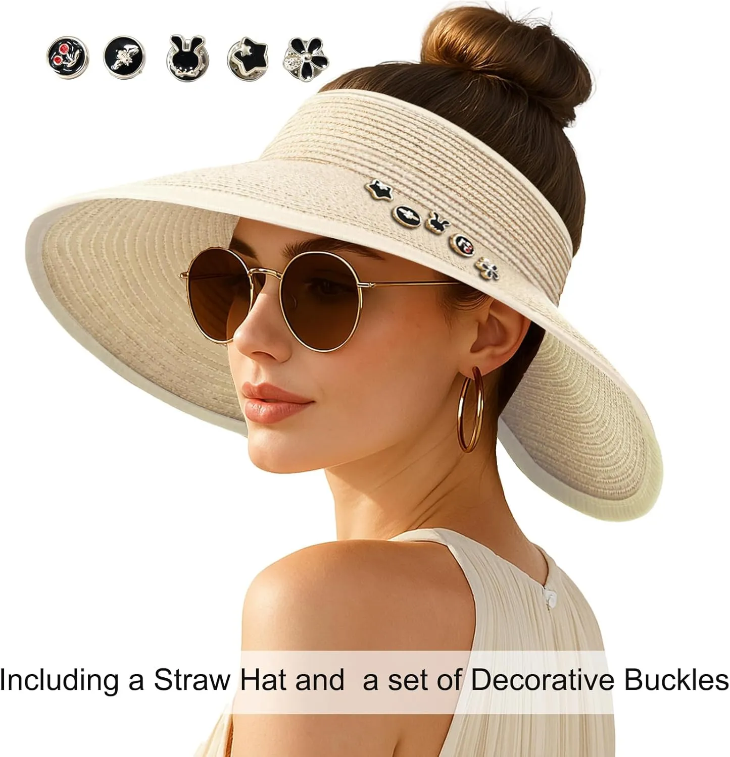 Women's Sun Visor Hats Wide Brim Straw Beach Hat Ponytail Hats for Women Foldable Floppy