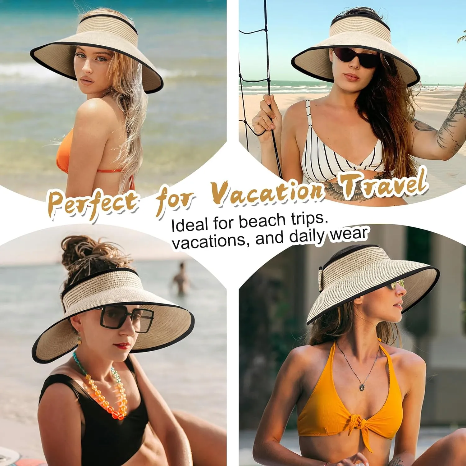 Women's Sun Visor Hats Wide Brim Straw Beach Hat Ponytail Hats for Women Foldable Floppy