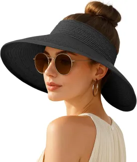 Women's Sun Visor Hats Wide Brim Straw Beach Hat Ponytail Hats for Women Foldable Floppy