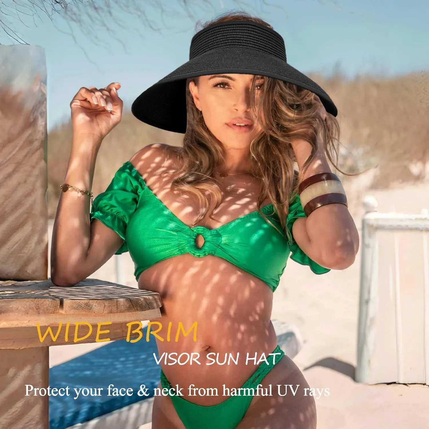 Women's Sun Visor Hats Wide Brim Straw Beach Hat Ponytail Hats for Women Foldable Floppy