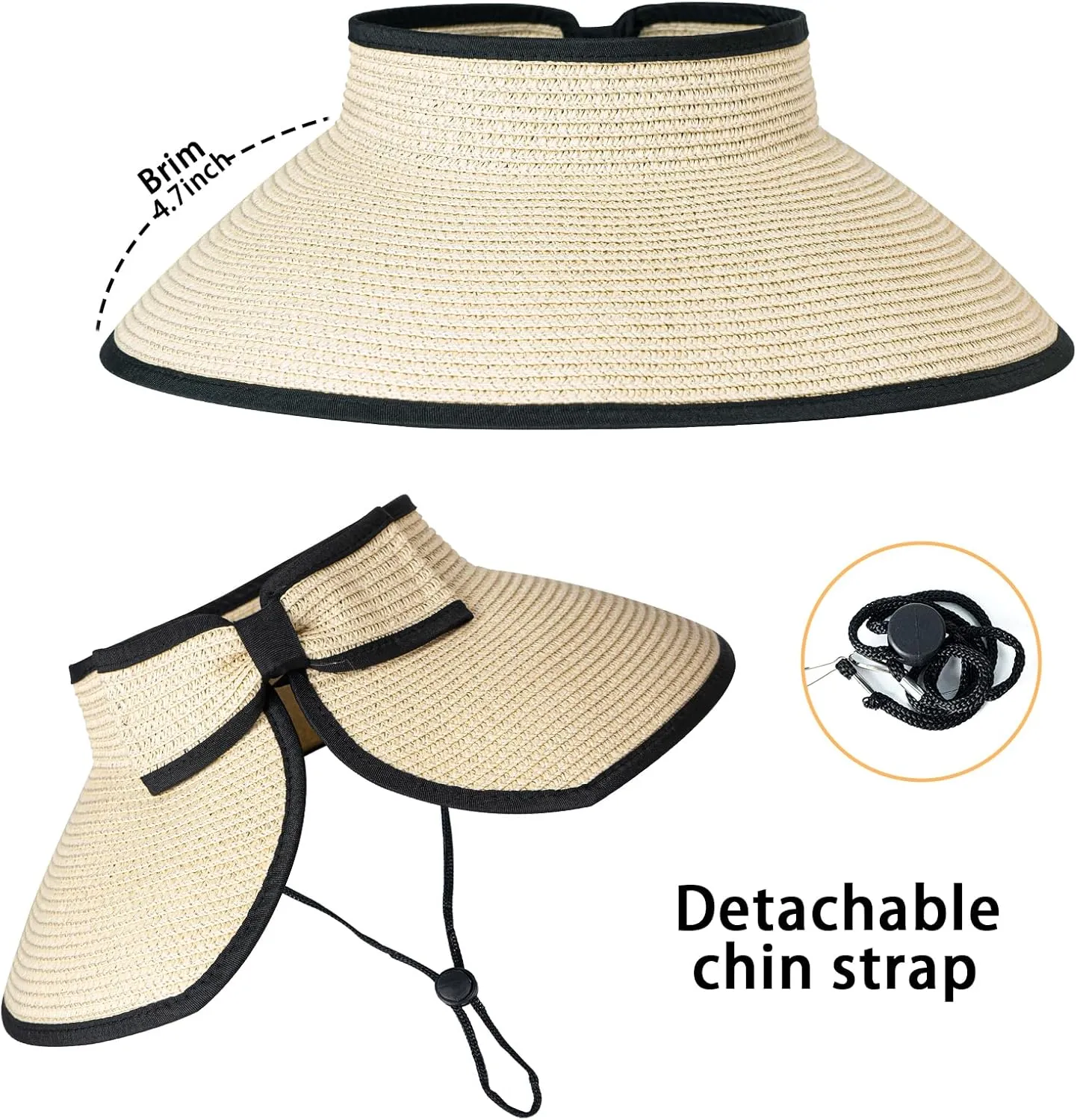 Women's Sun Visor Hats Wide Brim Straw Beach Hat Ponytail Hats for Women Foldable Floppy