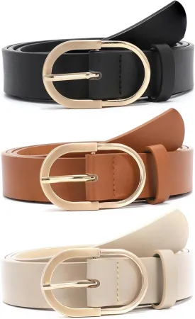 XZQTIVE 3 Pack Women's Leather Belts For Jeans Dresses Pants Fashion Ladies Waist Belt with Gold Buckle