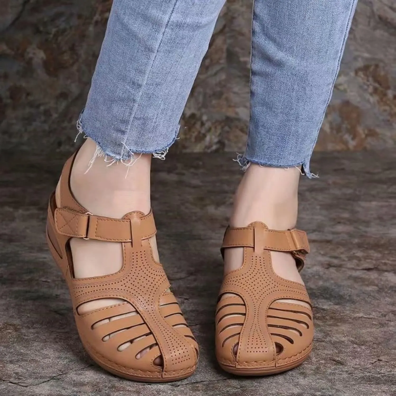 ZWRXW Closed Toe Sandals Women with Arch Support Adjustable Ankle Strap Non-Slip Sandals Dressy Summer Hollow Out Wedge Sandal Travel Vacation Beach Shoes Orthopedic Wedges Shoes